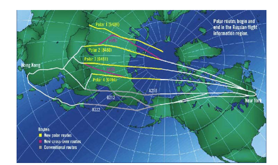 2003年10月至11月的极区航路情况。由于HF无线电通信可靠性的下降，原来经由Polar3航路的飞行的航班被要就改用Polar4乃至更低纬度的航路。图片来源：NOAA