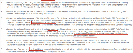  在欧洲议会决议文本中，苏联与纳粹德国并列