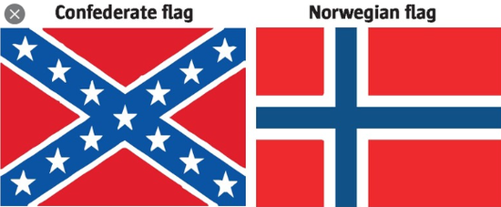  左图为邦联旗帜、右图为挪威国旗