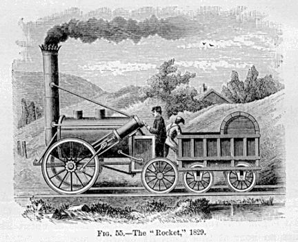 1829年制造的“火箭”號是最早在商業成功使用的蒸汽機車之一