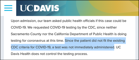 加州大学戴维斯分校声明：“由于病人不符合疾控中心的新冠肺炎检测标准，因此他并没有被立即检测。加州大学戴维斯分校医疗中心无法掌控检测过程。”（UC Davis）