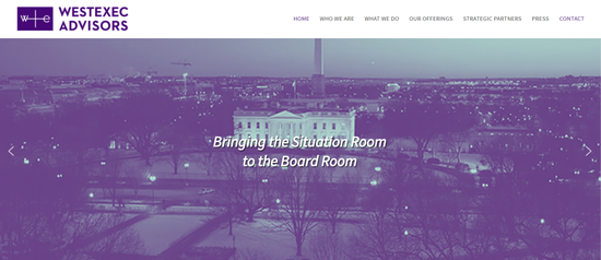  Westexec 咨询公司官网上的图片介绍，背 景是美国白宫，写着“把战情室带入董事会会议室”。