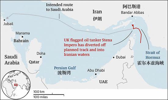 灰色虚线为“史丹纳帝国”号原定路线，红色为改变后路线 图自《卫报》