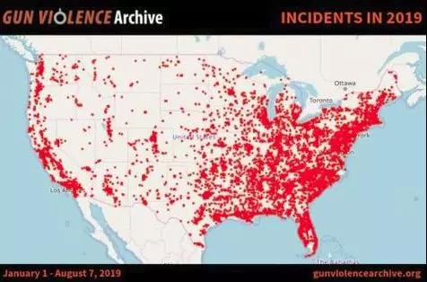 2019年1月1日-8月7日，美国发生近3.4万起枪击案，几乎遍及全美。（图片来源：枪支暴力档案）