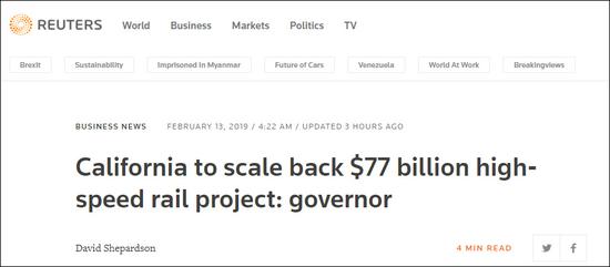  加州政府将削减770亿美元高铁计划，截图来自路透社
