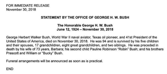 今年4月22日，老布什刚刚送走妻子，他就因为“血液感染”被送入医院治疗。