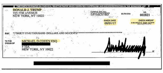 科恩律师团队提供的由特朗普亲自签名的发票。图片来源：华盛顿邮报