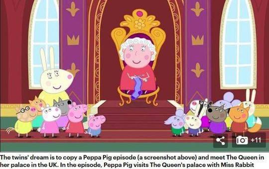 《小猪佩奇》动画片中，女王给全国工作最努力的兔小姐颁发奖章，并邀请其去王宫领奖。图片来源：《每日邮报》报道截图