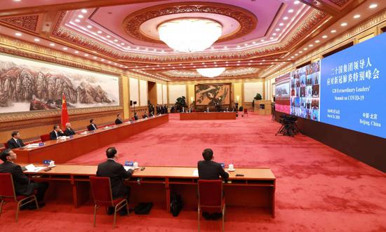 3月26日，国家主席习近平在北京出席二十国集团领导人应对新冠肺炎特别峰会。