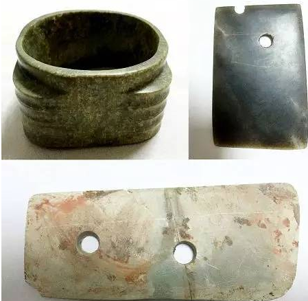 ▲碧村遗址采集的琮、钺、刀