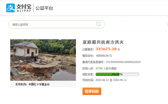 中国红十字基金会发起的“家庭箱共抗南方洪灾”项目仍然难以筹满目标金额
