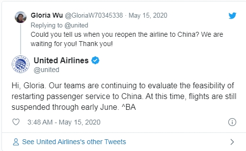 网友在5月15日询问何时重新开通飞往中国的航班，美联航答复还在评估中。