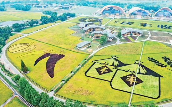2022年中国农民丰收节主会场活动于9月23日至10月7日在中国天府农业博览园举办。这是9月22日在中国天府农业博览园拍摄的稻田画（无人机照片）。 新华社记者 沈伯韩/摄