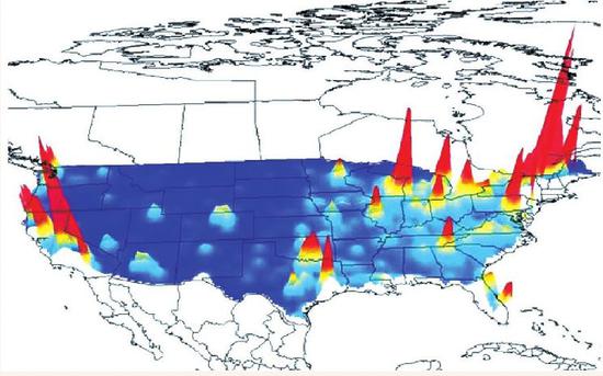 （图中橙色区域占据了美国经济的半壁江山，但在人均GDP的意义上，各区域间却能实现“平衡发展”图源：陆铭《大国大城》）