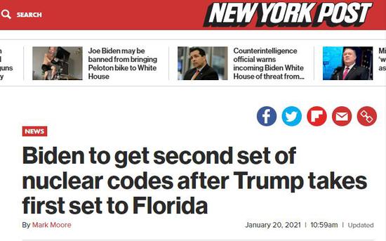 （《纽约邮报》：特朗普将第一个“核手提箱”带去佛罗里达州后，拜登将获得第二个“核手提箱”）