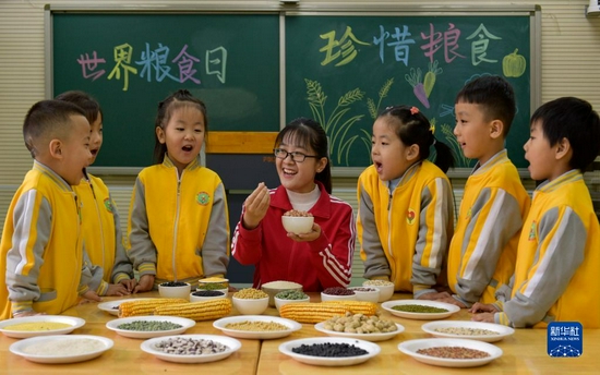 10月16日，河北省临城县县直幼儿园的孩子在老师指导下认识粮食作物。新华社记者 骆学峰 摄