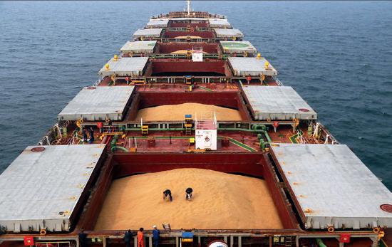 （资料图片）山东烟台港，检验检疫人员对轮船上的进口大豆进行取样和感官检疫。图/中新