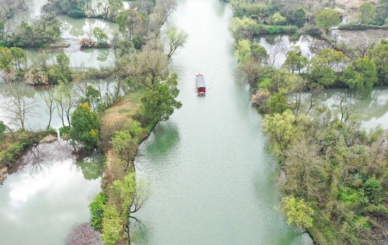 游船行驶在西溪湿地水道上（2021年3月2日摄，无人机照片）。新华社记者 翁忻旸 摄