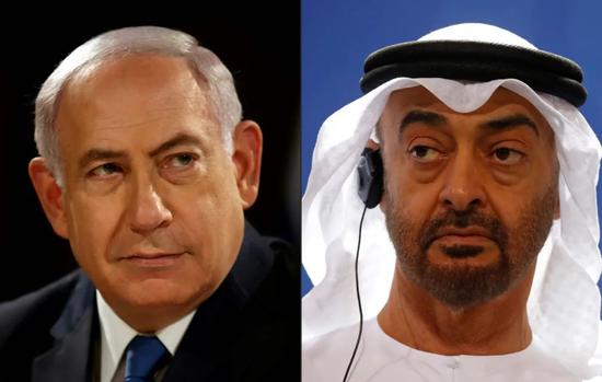 拼版图片，以色列总理内塔尼亚胡（左）与阿联酋阿布扎比王储穆罕默德。新华社/法新