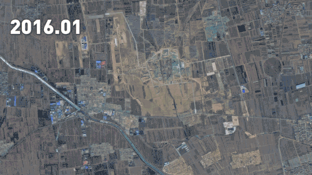 大兴国际机场建成前后对比图。卫星数据来源：高分一号、高分二号