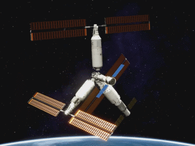 △2022年11月3日，梦天实验舱完成转位，中国空间站T字基本构型组装完成（示意动画）。