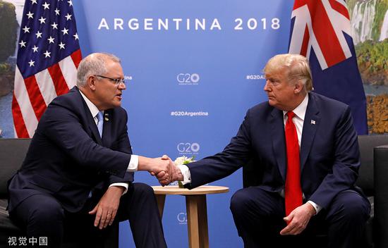 当地时间2018年11月30日，特朗普与莫里森在阿根廷G20期间举行双边会晤。图/视觉中国