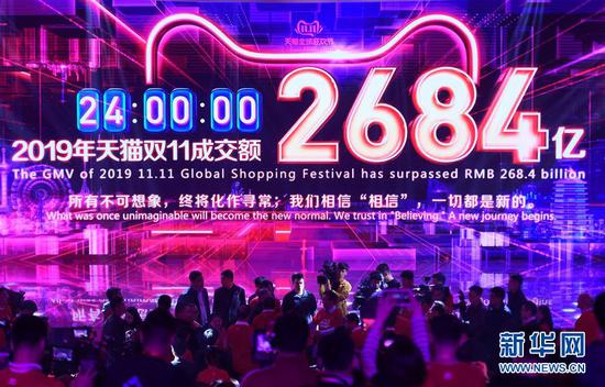 11月12日，在浙江杭州阿里巴巴西溪园区媒体中心，大屏幕显示阿里巴巴旗下天猫“双十一”成交额超过2684亿元。新华社记者 黄宗治 摄