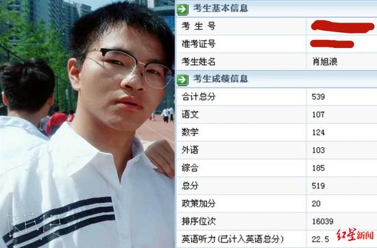 肖旭浪生前照和他的高考成績(jī)
