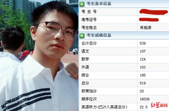 肖旭浪生前照和他的高考成绩