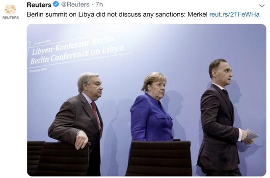 當地時間19日，德國總理默克爾指出，利比亞問題峯會沒有討論任何制裁措施。推特截圖