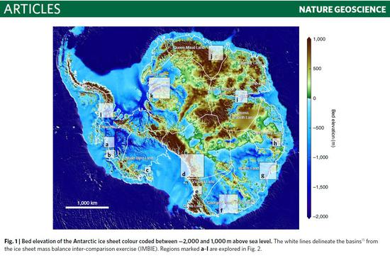 南极冰盖的河床高程 字母h代表登曼冰川所在地 《自然·地球科学》  图