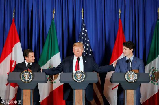 ▲资料图片：2018年11月30日，美国、加拿大、墨西哥签署三国新贸易协定，美国总统特朗普、加拿大总理特鲁多与墨西哥总统涅托出席签字仪式。