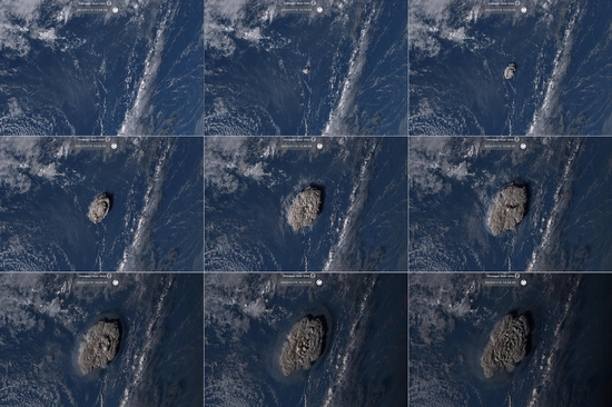 ↑1月15日，日本气象卫星“海马8号”拍摄的汤加海底火山喷发图像。
