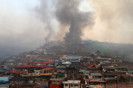　当地时间3月5日，韩国山火持续向北蔓延，吞噬着江原道住宅区和建筑物。
