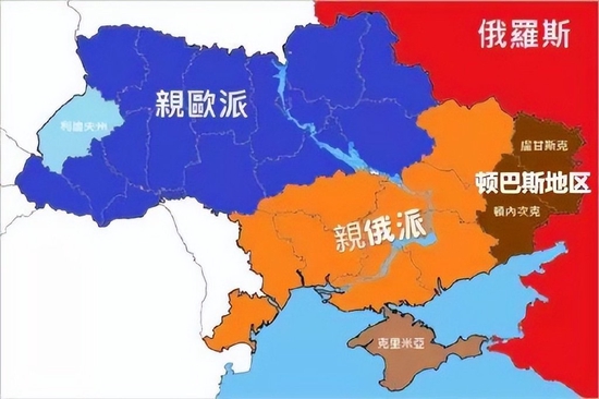 乌克兰政治态度，中间蓝线为第聂伯河