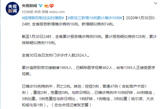 黑龙江新增确诊病例16例累计59例