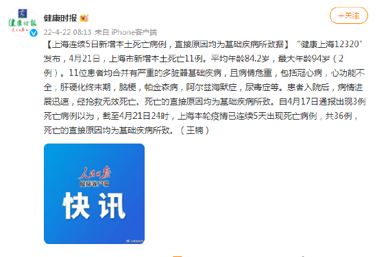 上海连续5日新增本土死亡病例，直接原因均为基础疾病所致