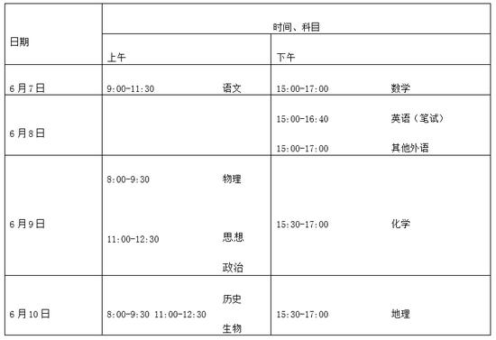 高考时间安排