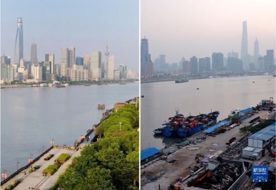 ↑前图为2022年7月28日拍摄的杨浦滨江新貌（无人机照片）；后图为2015年10月28日拍摄的杨浦滨江旧貌。