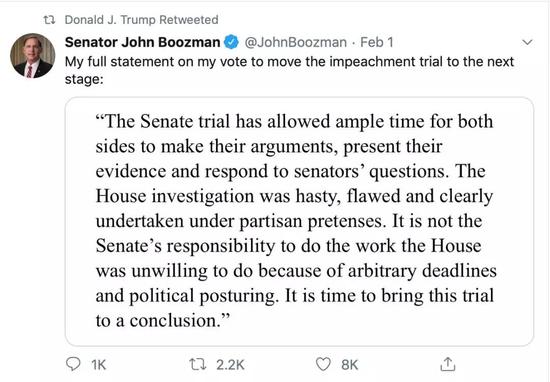 特朗普转发共和党参议员们的推特。推特截图