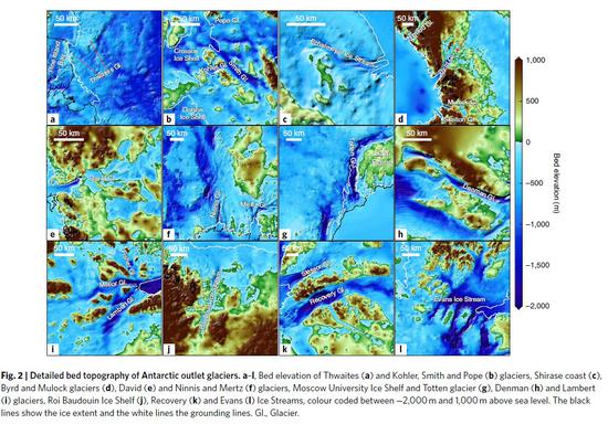 南极冰川详细河床信息，图h代表登曼冰川所在地 《自然·地球科学》  图