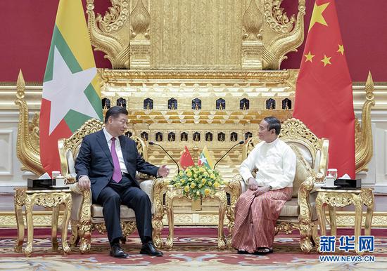 当地时间1月17日下午，国家主席习近平在内比都同缅甸总统温敏会谈。 新华社记者 谢环驰 摄