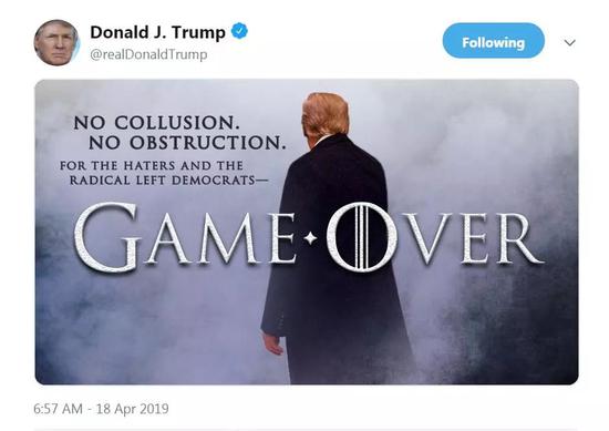 特朗普在推特宣称&ldquo;游戏结束了&rdquo;。