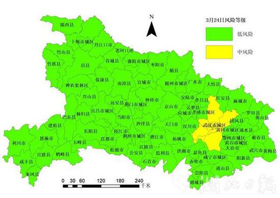3月24日湖北省市县疫情风险等级评估示意图。  湖北日报 图