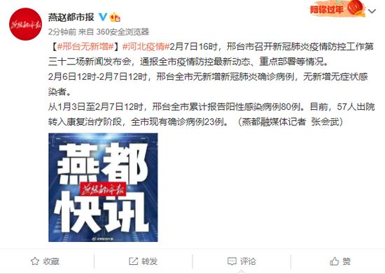 2月6日12时2月7日12时邢台全市无新增新冠肺炎确诊病例