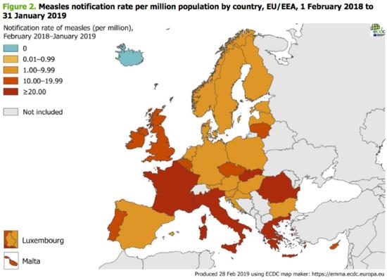 2018年2月至2019年1月，麻疹在欧盟/欧经济区的每百万人通报率（图片来源：Vaxopedia）