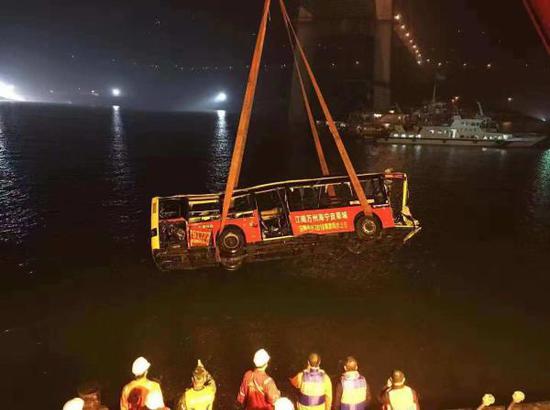 坠江的公交车被打捞出水。 交通运输部救助打捞局 供图