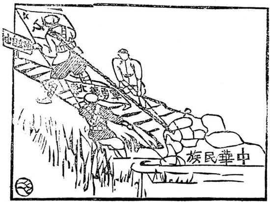 ▲资料图片：1934年8月1日发行的《红星报》第56期第2版上刊登的钱壮飞创作的漫画《工农红军北上抗日》。