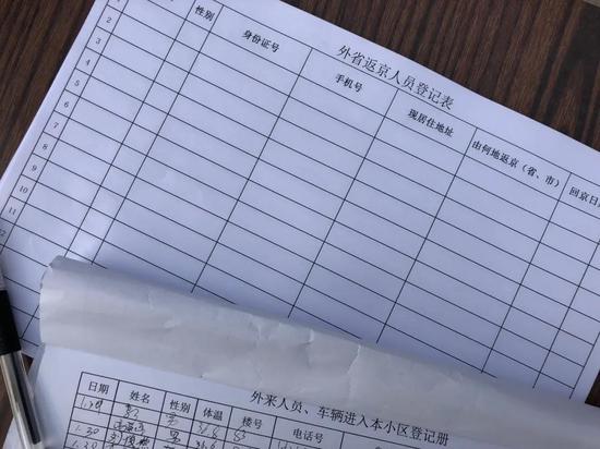 疫情期间的外省返京人员登记表,返京人员需要填写详细个人信息。摄影/本刊记者 张旭