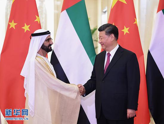4月25日，国家主席习近平在北京人民大会堂会见阿联酋副总统兼总理、迪拜酋长穆罕默德。 新华社记者 燕雁 摄